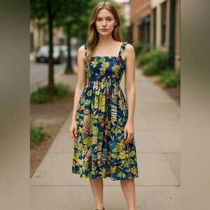 Vintage Two Palms Blue Floral Pleated Smocked Midi Sundress